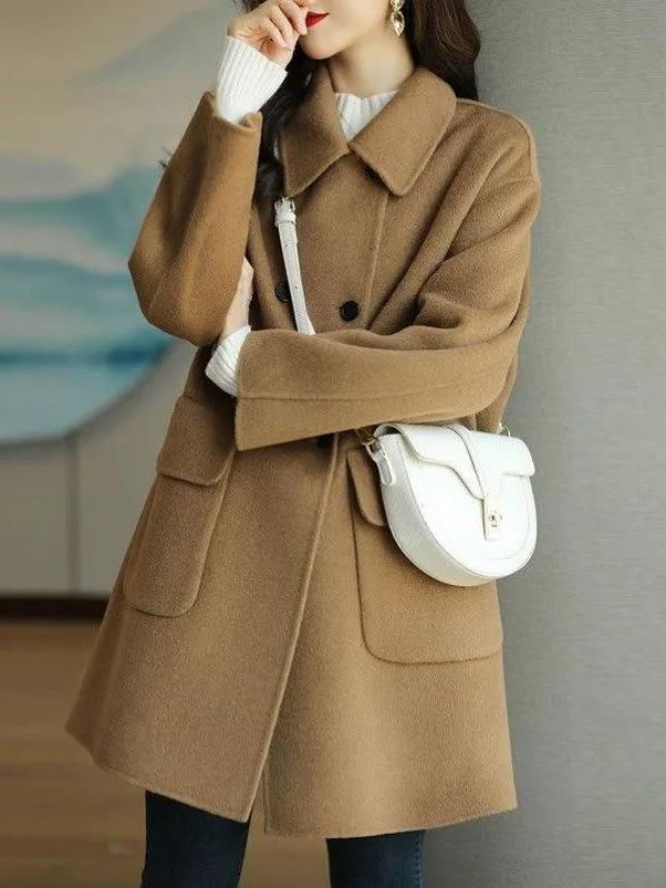 Wool Coat Peacoat - Şık, Orta Uzunlukta Yün Palto, Kore